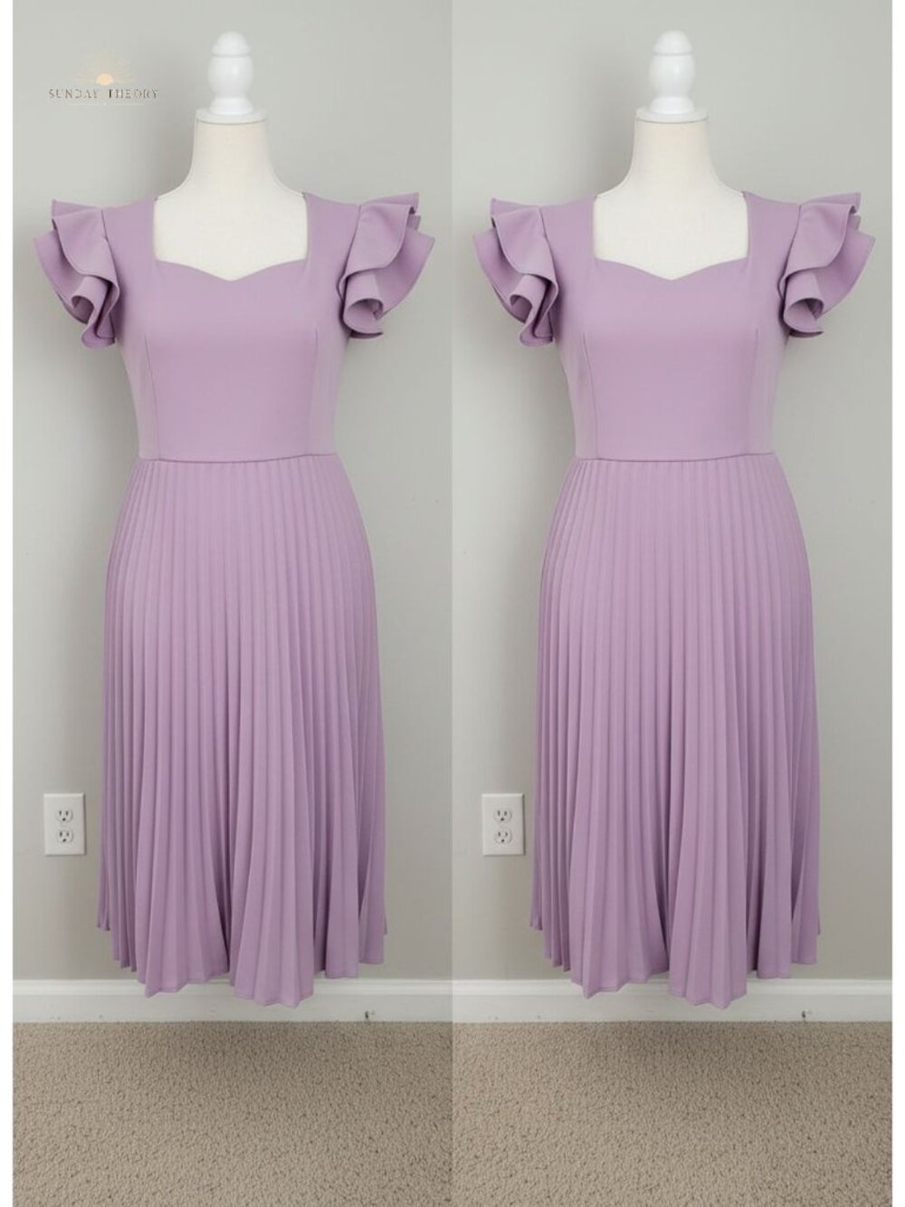 Women's Ruffled Sleeve Pleated A-Line Midi Dress Square Collar Semi-Formal